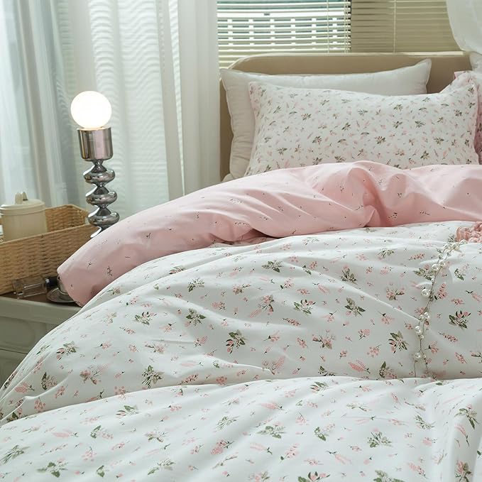 LifeTB Pink Flower Duvet Cover Twin XL Girls Aesthetic Floral Duvet Cover White Soft 100% Cotton Flower Bedding Set Cottage Floral Comforter Cover with Zipper Closure, Breathable, Easy Care