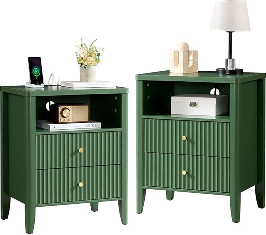 Fluted Nightstand with Charging Station Set of 2, 21" Wide Modern Bedside Table with 2 Drawers & Open Shelf, Wood End Table with Storage & Metal Handle for Bedroom, Small Spaces, Green