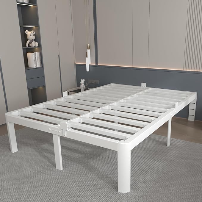 14 Inch White Full Size Bed Frame, Metal Bed Frame Full with Gaskets, No Box Spring Needed, Heavy Duty Steel Platform Supprt, Rounded Corner Design, Reserved Holes, Storage Space, Noise Free