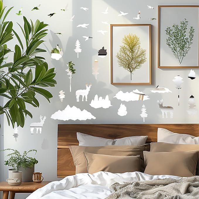 Woodland Tree Animal Wall Stickers Removable 3D Mirror Acrylic Wall Decals Mountain Pine Trees Decals Peel and Stick Forest Animals Tree Decor for Bedroom Living Room