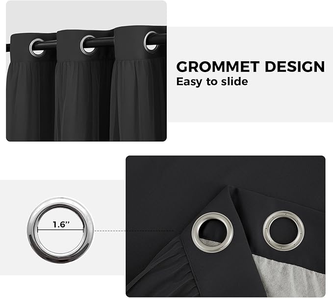 100% Blackout Curtains for Bedroom, Double Layer Black Curtains, Black Out Curtain 96 inch Long with Sheer Overlay for Living Room, Room Darkening Window Drapes with Grommet, 52" W x 96" L