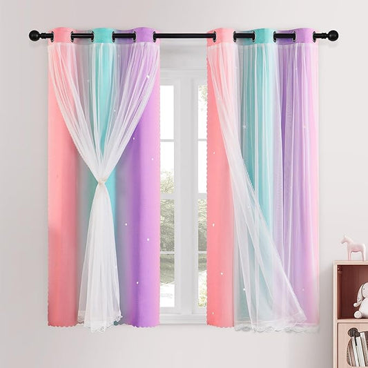 XiDi Kids Curtains for Girls Bedroom 2 Panels Set Star Cutout Rainbow Blackout Curtains for Nursery Decor Window Treatment Grommet Room Darkening Drapes 63 Inches Long Pink Purple Green W42 x L54