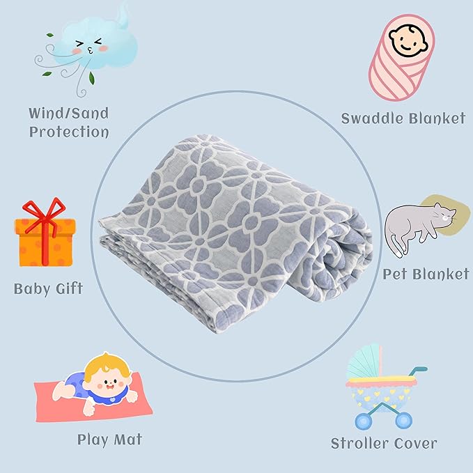 NTBAY 3 Layer Oversized Muslin Cotton Toddler Blanket, 45x60 Inches Jacquard Reversible Nursery Bed Blanket, Super Soft and Thermal Crib Blanket for All Seasons, Baby Gift, 45"x60", Blue Clover