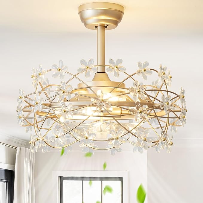 20" Gold Crystal Fandelier Ceiling Fan with Light, Mid-Century Chandelier Ceiling Fan with Light Remote Control, Flower Caged Enclosed 6 Speeds for Bedroom, Nursery, Foyer, Living Room