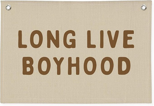 Long Live Boyhood Banner, Boy Nursery Decor, Linen Banner Wall Hanging Banner Flag Decor for Nursery Playroom Toddler Room, Boys Kids Room Decor - Sand Beige & Taupe