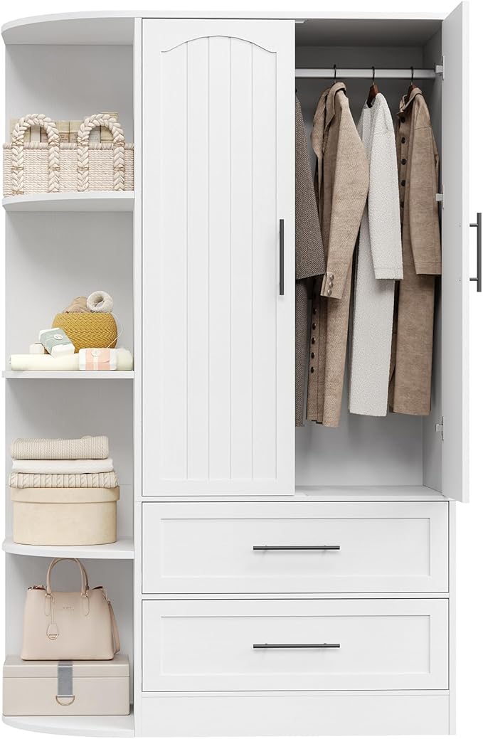 HOOBRO Wardrobe Closet with Doors, 70.9" Tall Armoire Wardrobe Closet with 4 Storage Shelves, Wooden Bedroom Armoire with 2 Drawers and Hanging Rod, Clothing Storage Cabinet for Bedroom, White