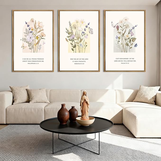 IARTTOP Extra Large Christian Bible Verse Scripture Wall Art Framed 24x36 Inches Set of 3 Minimalist Botanical Floral Religious Farmhouse Canvas Wall Decor for Church Living room Dining room