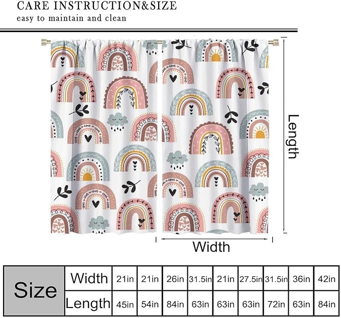 Kids Rainbow Curtains Boho Cartoon Colorful Stars Love Heart Lovely Abstract Art Pattern Print Window Drapes for Girl Bedroom Living Room Kitchen Decor,2 Panel Set,42Wx54H Inch Blackout