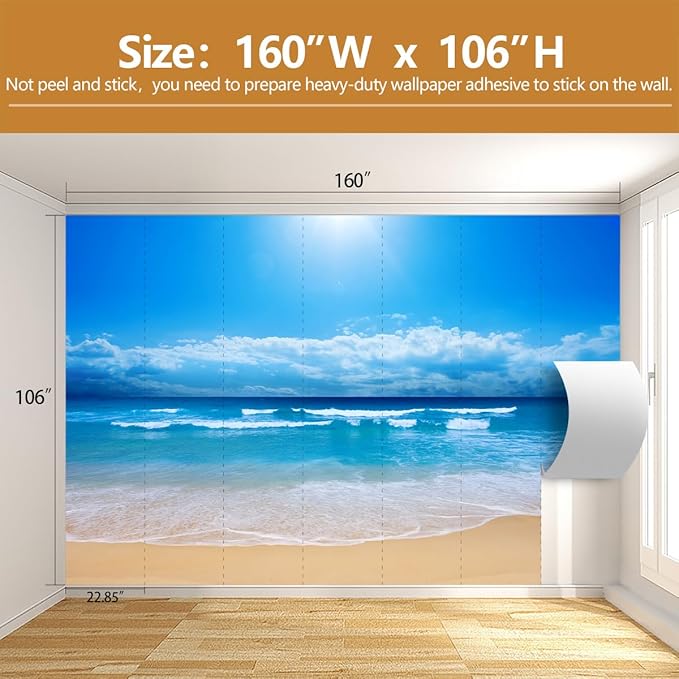 Beach Wall Mural Coastal Landscape Wallpaper for Living Room Bedroom（Not Peel and Stick）