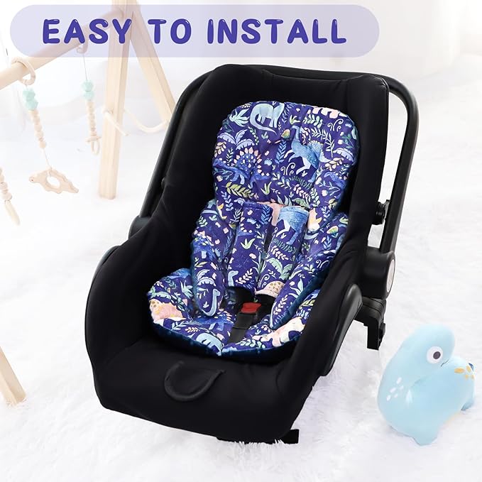 Pea Pod Infant Car Seat Insert with Strap Covers, All in One Reversible Baby Car Seat Head Support for Newborn, 3D Soft Minky Carseat Cushion for Preemie to Infant, Stroller, Swing, Bouncer, Dinosaur