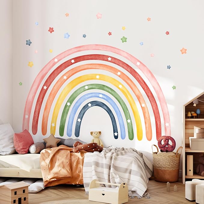 Tanlaby 77" X 47" Large Rainbow Wall Stickers Watercolor Stars Wall Decals Peel and Stick Giant Art Decor for Baby Nursery Girls Bedroom Kids Playroom Daycare Classroom