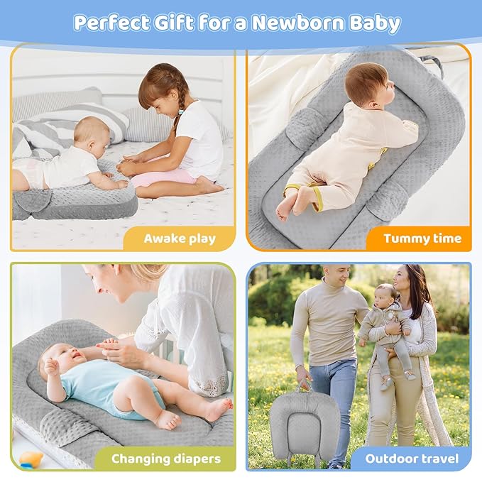 Baby Lounger Pillow- Portable Baby Lounger for Newborn, 0-24 Months,3-in-1 Baby Nest for Home and Travel, Foldable & Soft, CPC Certification Newborn Babies Essentials Gifts, Grey