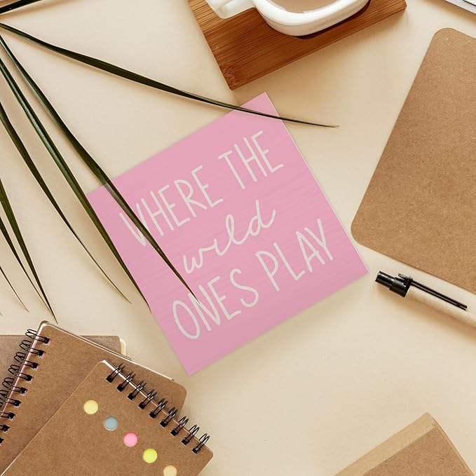 Where The Wild Ones Play Pink Wood Box Sign Desk Decor 5X5, Nursery Kids Room Wooden Block Sign Decorations for Playroom Toddler Boys Girls Room Wall Tabletop Shelf Decor