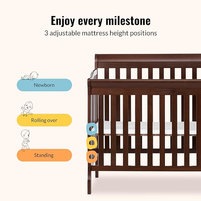 Dream On Me Jayden 4-in-1 Mini Convertible Crib And Changer in Espresso, Greenguard Gold Certified, Non-Toxic Finish, New Zealand Pinewood, 1" Mattress Pad