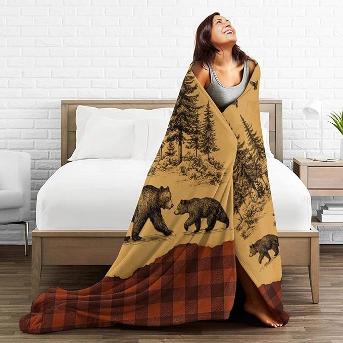 Bear Blanket Rustic Cabin Country Bear Hunting Throw Blanket Soft Cozy Fleece Fuzzy Plush Warm Stuff Bedding Wild Animal Blankets Gifts for Boys Girls Kids Adult Men Women 60"X80"