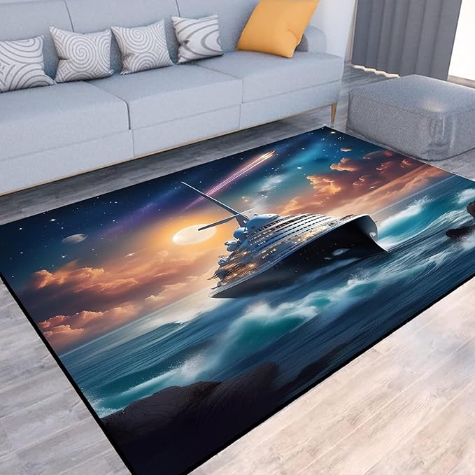 5' x 7' Nautical Ship Rug for Kids Room Galaxy Ferry Boat Rugs for Boys Bedroom Ocean Cloud Carpet Sun Planet Printed Throw Rugs for Teens Living Room,150x210cm