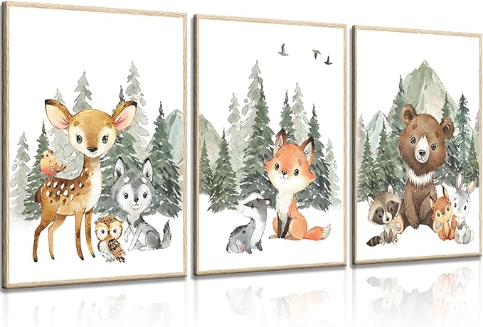 3Pcs Woodland Animal Nursery Canvas Wall Art Forest Adventure Theme Animals Picture Posters Wall Decor Cute Watercolor Deer Bear Fox Painting Print Artwork for Kids Baby Bedroom Decor 16x24in Unframed