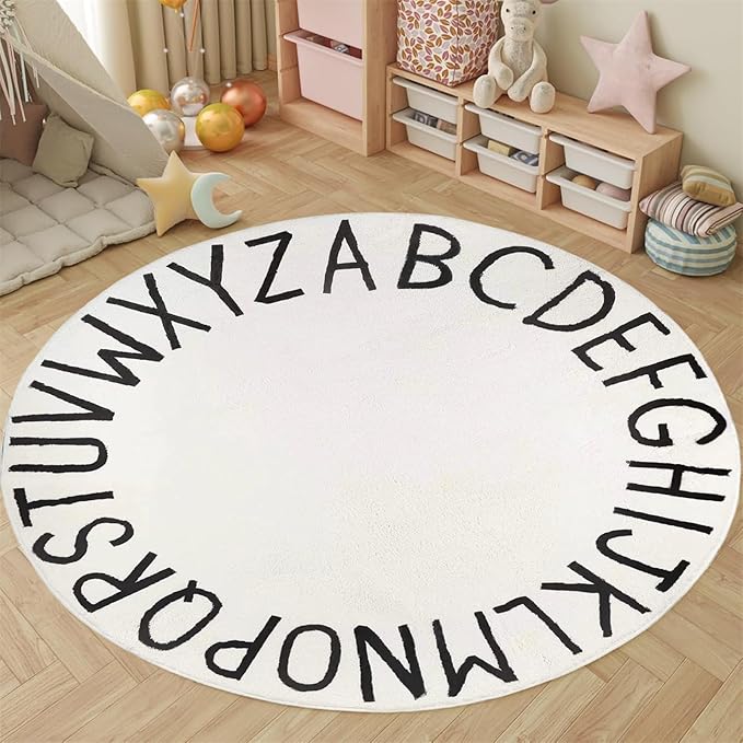 Round Alphabet Rug,4ft ABC Rugs for Kids Playroom,Boho Classroom Rug for Living Room, Bedroom, Machine Washable Soft Non Slip Non Shedding-White
