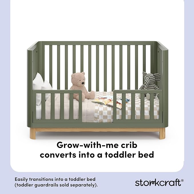 Storkcraft Santos Convertible Crib (Olive & Natural) – GREENGUARD Gold Certified, Fits Standard Crib Mattress, Converts to Toddler Bed and Daybed, 4 Adjustable Mattress Heights, Rounded Edges