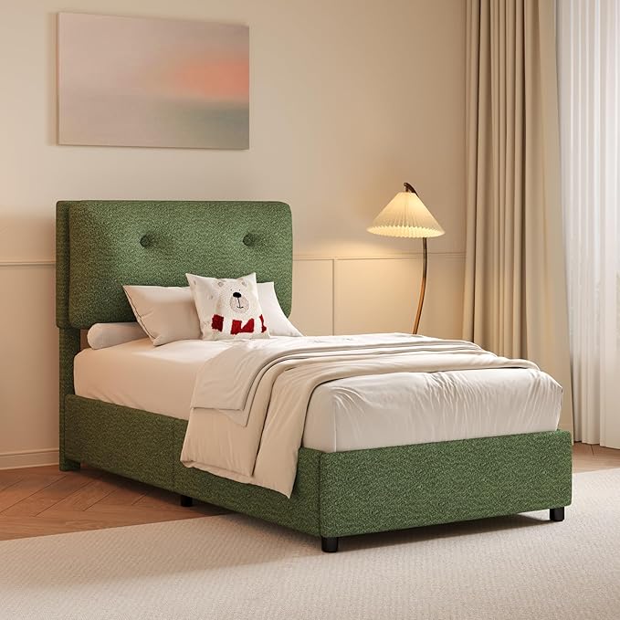 Twin Size Bed Frame, Cloud Boucle Upholstered Bed Frame with Headboard, Twin Bed Frames for Kids, Adjustable Headboard, No Box Spring Needed, Easy Assembly, Green