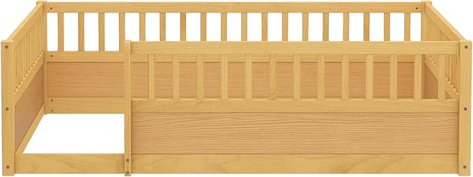 Harper & Bright Designs Full Floor Bed Frame, Wood Kids Floor Bed with High Guardrails, Montessori Floor Bed Full with Opening Door for Boys, Girls, Kids, Solid Wood Structure, Natural