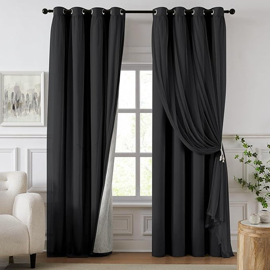 100% Blackout Curtains for Bedroom, Double Layer Black Curtains, Black Out Curtain 108 inch long With Sheer Overlay for Living Room, Room Darkening Window Drapes with Grommet, 52"W x 108"L