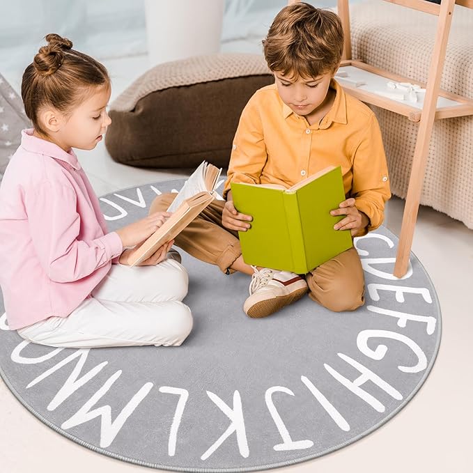 LIVEBOX Grey ABC Kids Rug for Playroom, Baby Nursery, Kids Room, Soft Circle Carpet Learning Crawling Mat for Classroom Dorm (40", Grey)