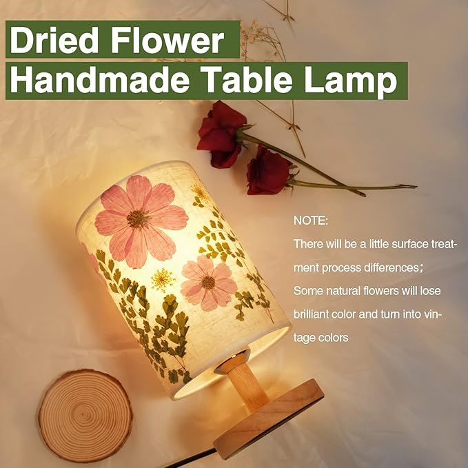 Dried Flowers Small Table Lamp 5W LED 3-Color Pressed Flower Bedside Lamp Linen Shade with Wood Base for Bedroom Living Room Desk Nursery