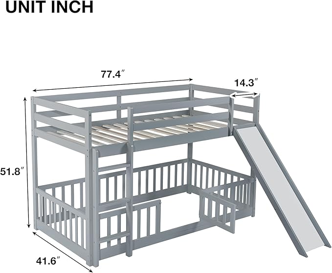 Twin Over Twin Bunk Bed with Slide and Ladder, Wood Floor Bunk Bed Frame with Door and Safety Guardrails for Kids Teens Boys Girls, No Box Spring Needed