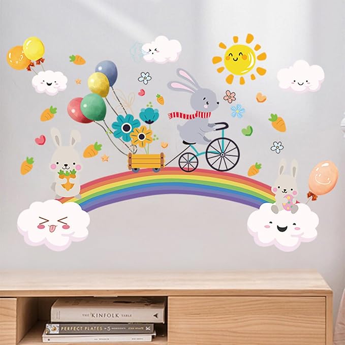 Rainbow Wall Decals for Girls Bedroom Easter Bunny Wall Murals for Living Room Décor Wall Decor Stickers & Murals 3D Rabbit Wall Art as Decorations