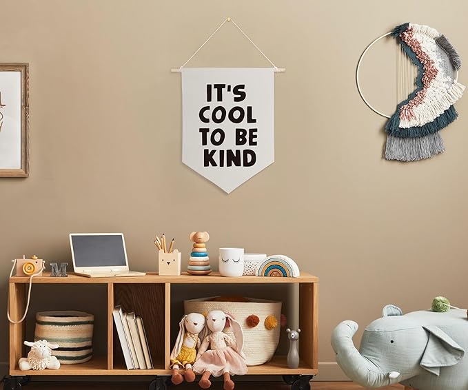 QODUNG Baby Nursery Banner,It's Cool to be Kind,Modern Toddler Kids Room Decor,Neutral Cool Wall Decor,Canvas Hanging Pennant Wall Flag for Boys Bedroom Playroom Kidsroom