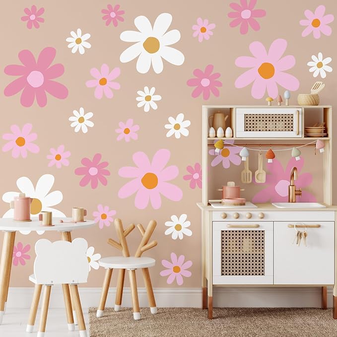 TaoBary 12 Sheets Daisy Wall Decal Flower Wall Sticker Cute Daisy Sticker Pink White Flower Decal Peel and Stick Floral Wallpaper for Nursery Bedroom Home Decor(Pink Color,Vibrant Style)
