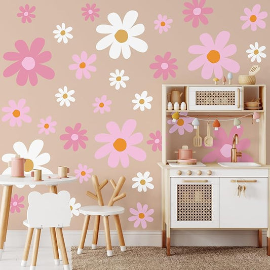 TaoBary 12 Sheets Daisy Wall Decal Flower Wall Sticker Cute Daisy Sticker Pink White Flower Decal Peel and Stick Floral Wallpaper for Nursery Bedroom Home Decor(Pink Color,Vibrant Style)