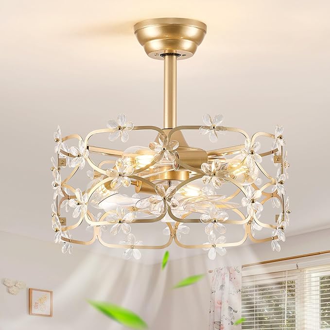 Gold Fandelier Ceiling Fan with Light and Remote Control Modern Crystal Flower Chandelier Ceiling Fan for Girl's Bedroom，Nursery，Living Room（Caged Enclosed 6 Speeds Height Adjustment）