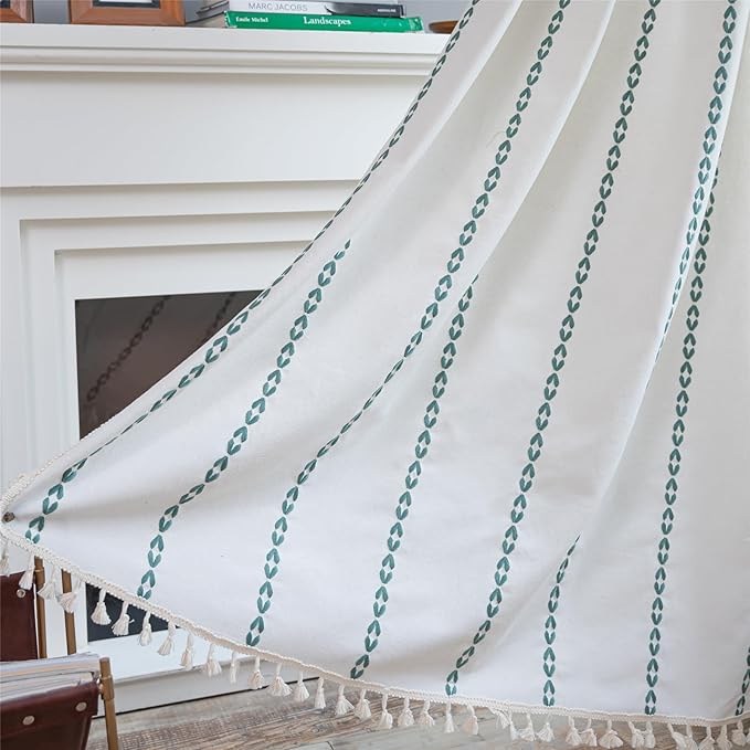 Deeprove Emerald Green Boho Curtains 84 inches Long for Bedroom, Vintage Bohemian Embroidery Farmhouse Cotton Striped Linen Country Tassel Window Treatments Christmas Decor, W52 x L84, 1 Panel