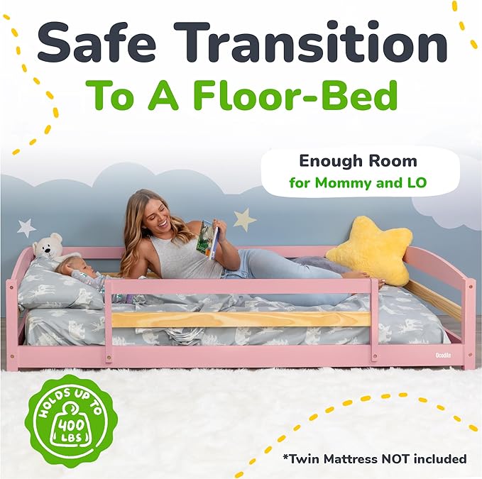 Ocodile Twin Floor Bed with Safety Guardrails for Kids, Montessori Inspired with Rails and 2 Openings, Twin Size Bed Frame for Girls and Boys - Pink