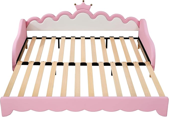 Merax Twin Size Upholstered Princess Bed Frame with Crown Headboard and Light Strips, Space-Saving Extending Daybed Pull Out Sofa Bed for Girls Teens Kids Bedroom, No Box Spring Needed, Pink