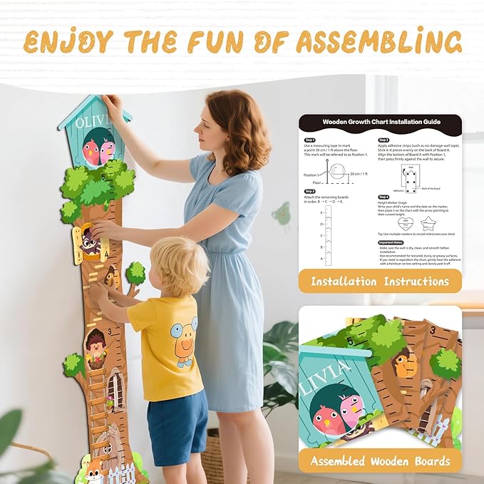 Personalized Name Growth Chart for Wall - Tree House Animals Kids Height Ruler, Wooden Growth Chart for Kids, Meaningful Memories Through Kid Size Chart Measurement