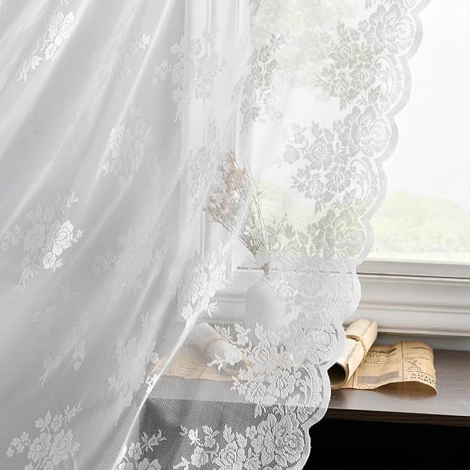 Kotile White Lace Curtains 96 Inches Long - Premium Country Floral Scalloped Lace Panel Curtains for Living Room, Antique White Floral Sheer Lace Curtains for Windows, 52 x 96 Inch, 2 Panels, White