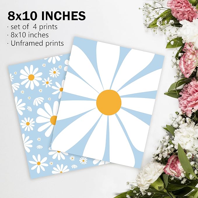 AEHIE Boho Blue Daisy Flower Decor Print, You Are My Sunshine Poster for Baby Girls Room Nursery, Bohemian Wall Art, Spring Aesthetic Floral Wall Art, 4pcs