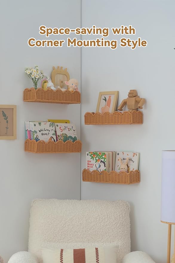 Nursery Book Shelves Set of 4, Metal & Plastic Artificial Rattan Scalloped Book Shelf 15.8", Cute Floating Bookshelf for Kids Bedroom Farmhouse Decor