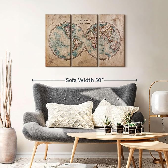ElephantStock Hemisphere Map Wall Art Multi Piece Canvas - 3 Piece Canvas World Map Wall Decor -Wall Decor Print - Vintage Wall Art - 38" X 24"