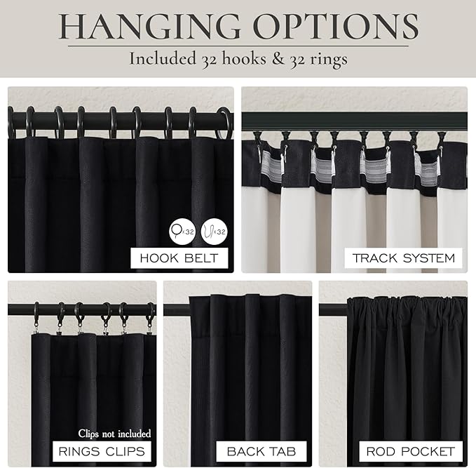 Room Darkening Black Curtains 108 Inches Long 2 Panels, 9ft Neutral Curtains for Dining/Living Room Heat/Light Blocking Heavy Duty Drapes for Traverse Rods/Track/Back Tab (W50 x L108)