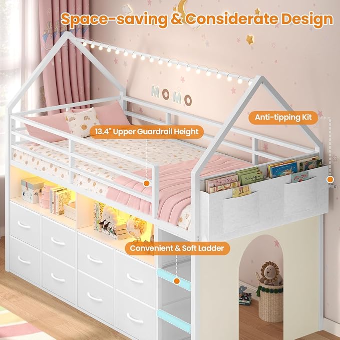 BTHFST Twin Size Loft Bed for Kids, 8 Storage Drawers & LED Lights, House Shaped Metal Bed with Bookcase, Soft Foam Ladder, 13.4" Safety Guardrail, Space Saving, Fun Curtain