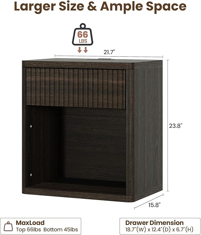 Fluted Nightstand Set of 2 with Charging Station, 21.7" Wide Modern Bedside Table with 1 Drawers Open Storage Cabinet, Wooden End Table for Bedroom,Walnut