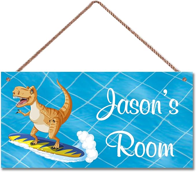 Personalized Dinosaur Sign Surf Riding Art Decor For Kids Room Custom Name Door Wall Decor, Floral Nursery Art For Boys Room Baby Bedroom Girls Cave, 5*10inch Tin Wood Wall Mount Sign
