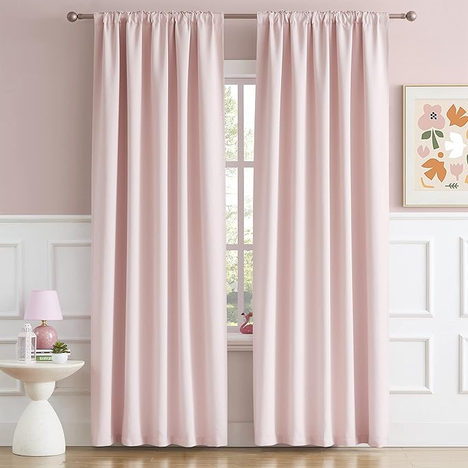 DUALIFE Baby Cute Pink Curtains Drapes 96 Inches Long - Back Tab and Rod Pocket Thermal Insulated Light Blocking Drapes for Grils Baby Nursery Bedroom, Soft Light Pink 52 x 96 Inch 2 Panels