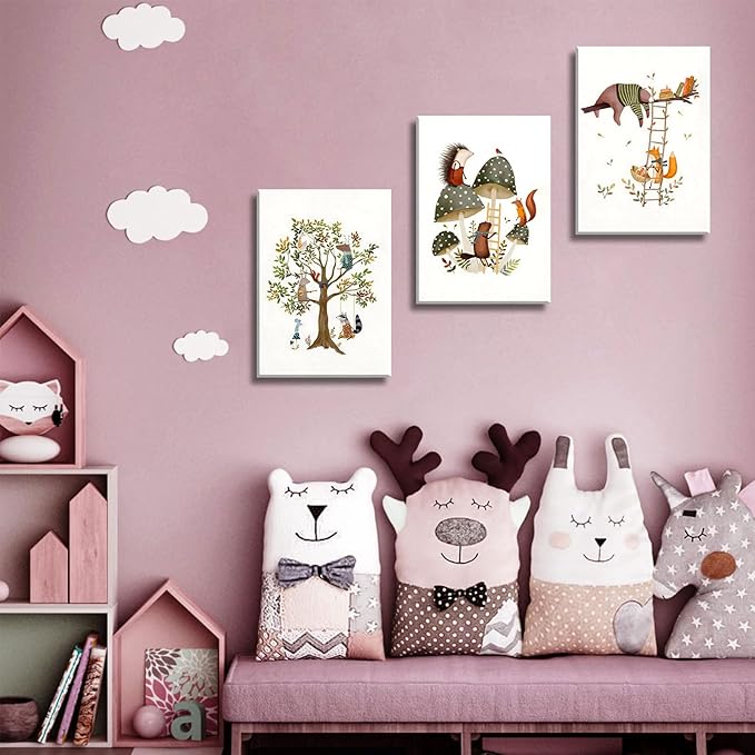 3Pcs Woodland Safari Animals Nursery Canvas Wall Art Baby Jungle Small Animal Wall Decor Pictures Tree Bear Rabbit Fox Hedgehog Kids Posters Prints for Classroom Children Bedroom Decoration