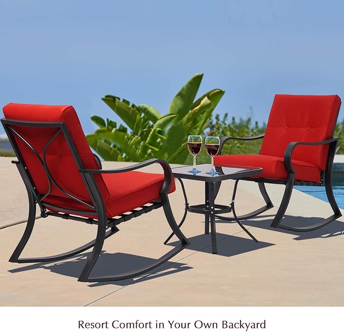 Oakcloud Oakmont Outdoor Furniture 3 Piece Conversation Bistro Set Rocking Chairs and Glass Top Table, Thick Cushions, Black Steel (Red)
