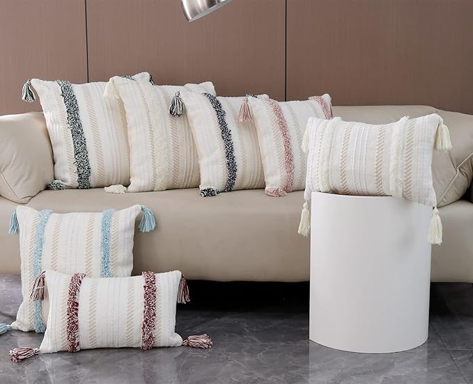 Boho Throw Pillow Covers 20 × 20 in Neutral Tufted Pink Square Decorative Case — Modern farmhouse accent pillow cover with tufting, tassels & textured weave perfect for couch, bed or living room décor